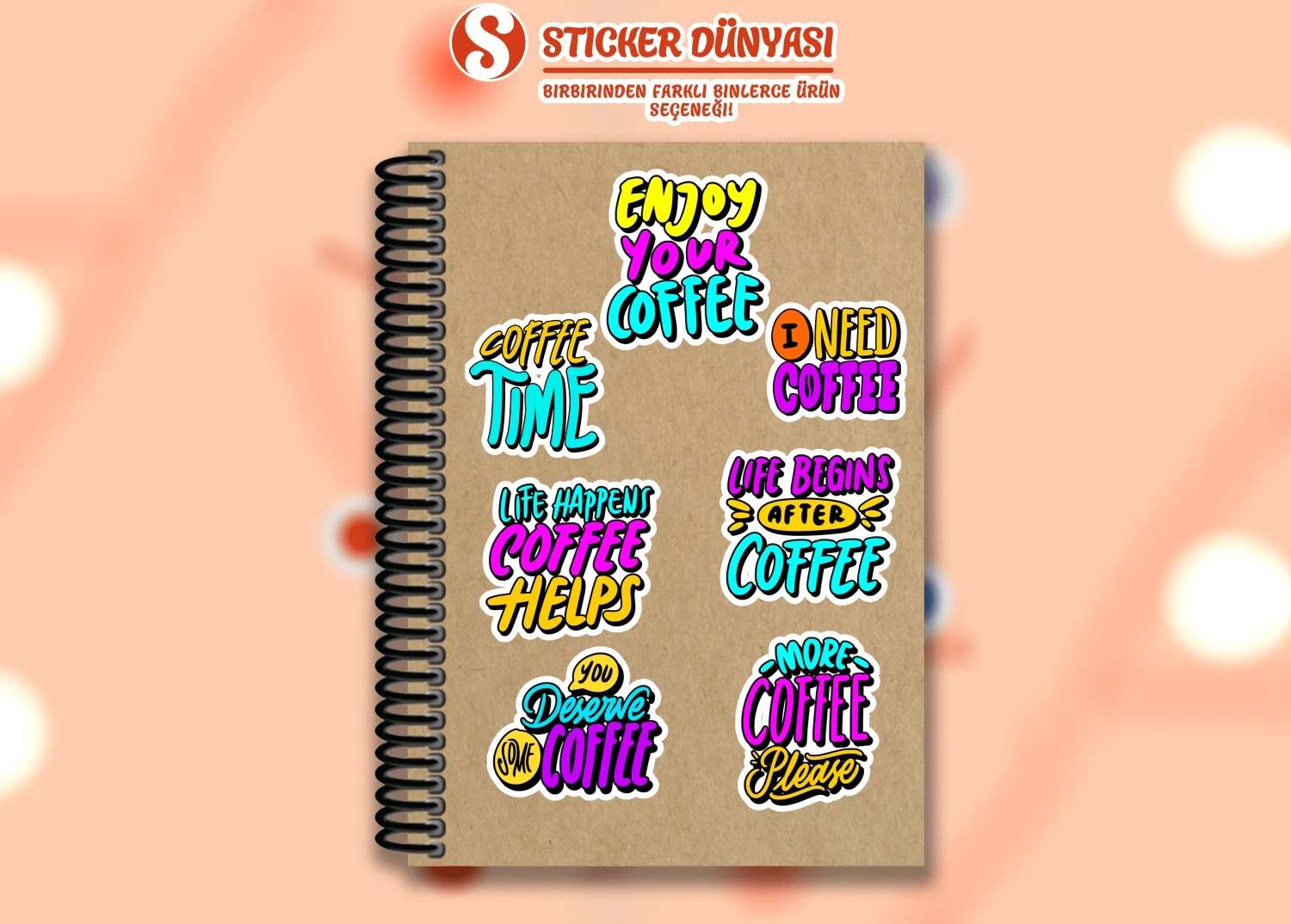 İngilizce Kahve Yazılı Neon Parlak Sticker Koleksiyonu (Coffee2) görsel 3